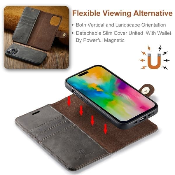 DG MING iPhone 16 Pro 2-i-1 Magnetiskt Plånboksfodral - Grå