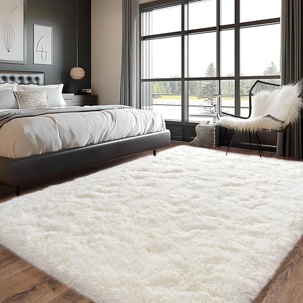 Ryamatta 160 x 230 cm, gräddvit, fluffig, modern, halkfri, för sovrum och barnrum