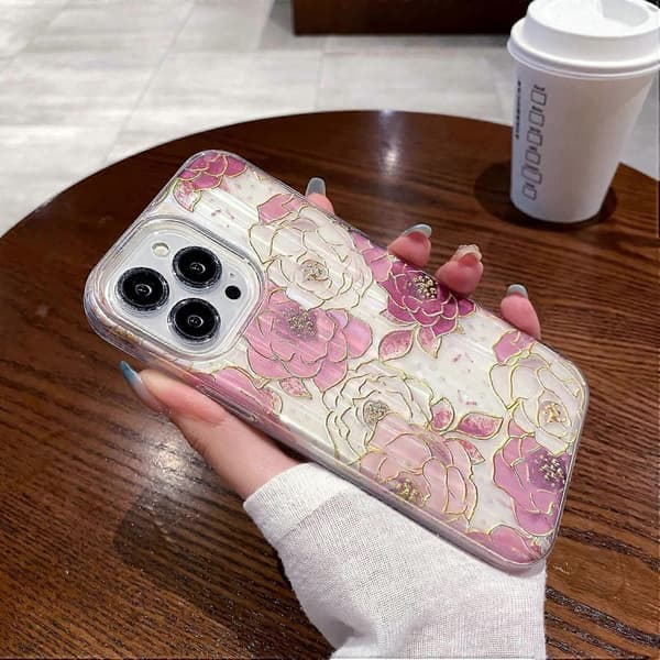 Mobilskal för iPhone 15 Pro Max PC+TPU med glitter och pionmönster