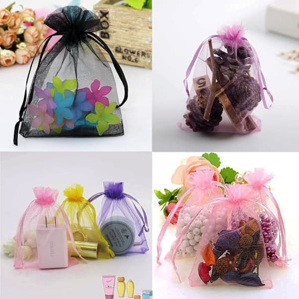 100 flerfärgade presentpåsar i organza, 10x15cm