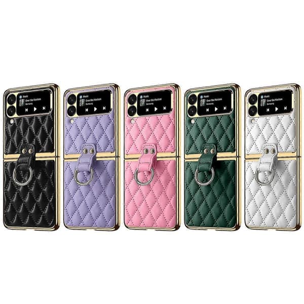 Til Samsung Galaxy Z Flip4 Diamant Gitter Simpel Læder Ring Telefon Cover