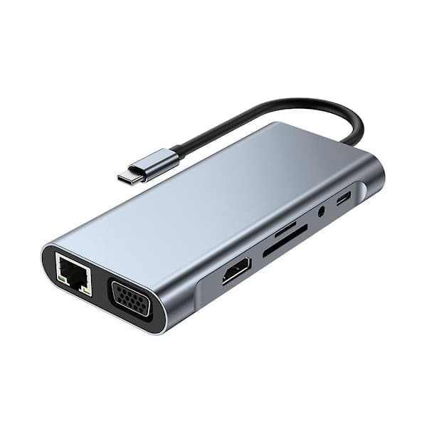 11-i-1 USB-C dock, USB hub 3.0, splitter, multiport adapter, 4K-kompatibel, RJ45, SD/TF, VGA, PD, audio
