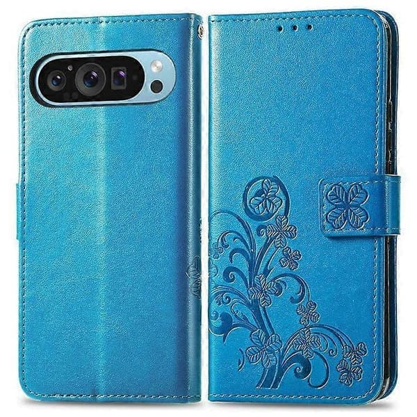 För Google Pixel 10 Pro/ Pixel 10/ Pixel 9 Pro/ Pixel 9 Läderfodral Fyrklöver Plånboksfodral (Blå)