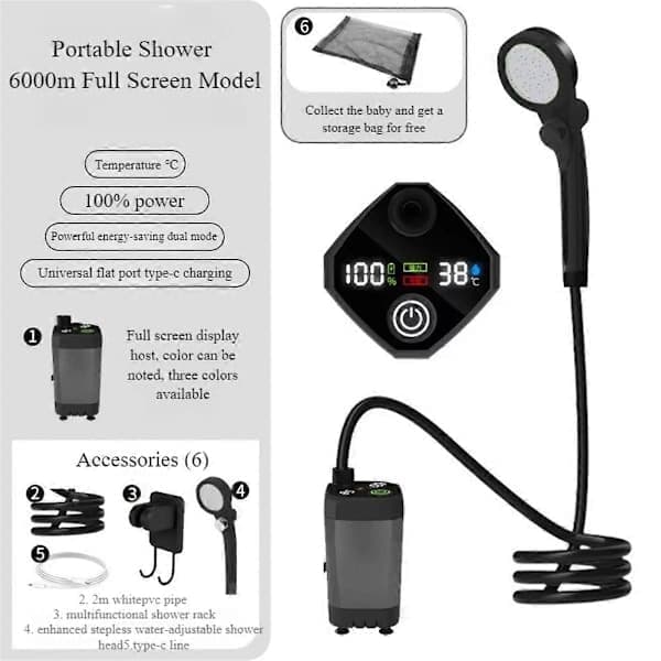 Uppladdningsbar portabel campingdusch, 6000mAh batteri