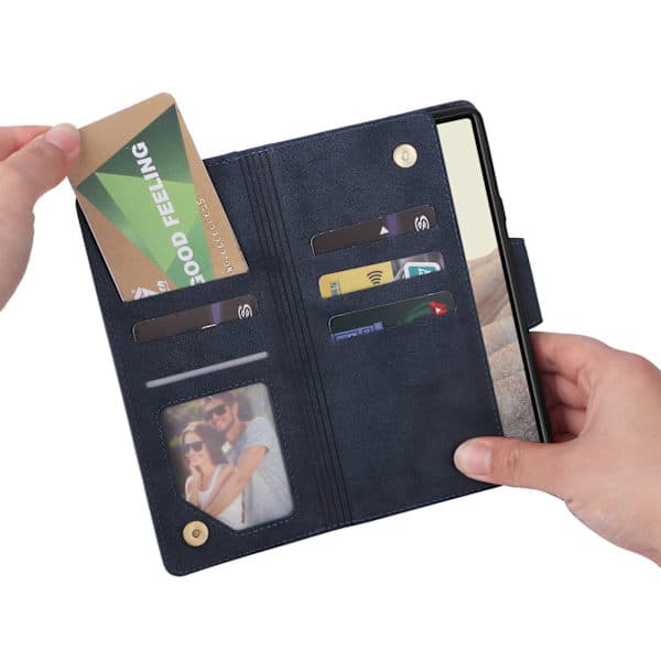 Google Pixel 6A Etui PU Læder Magnetisk Flip Wallet Etui med Lynlås Kortholder (Blå)