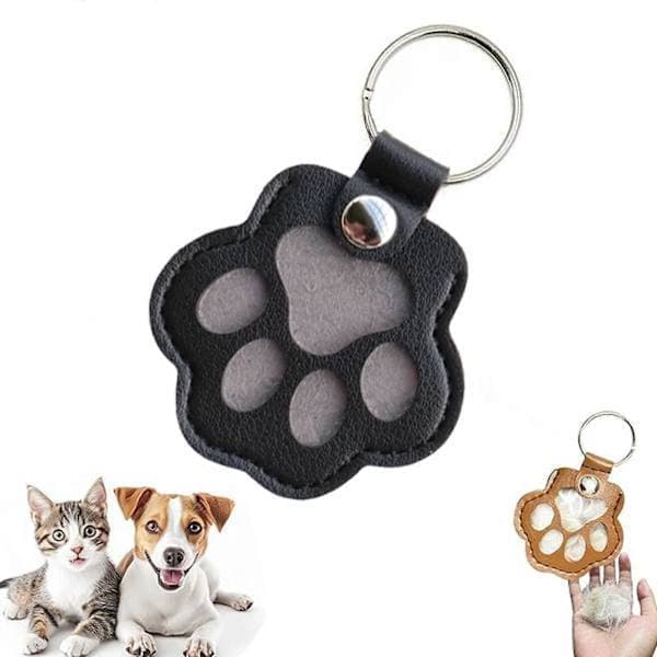 Nøglering til opbevaring af hundehår, Nøglering i læder med pote til minde om kæledyrshår, Sort Black