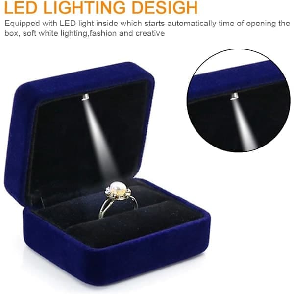 Sammet Ring Box med LED-ljus Smyckeskrin Presentask Lämplig för frieri, förlovning, bröllop Blå Blå Blue