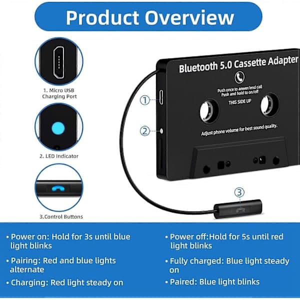 Bluetooth kassettadapter 5.0 for bilstereo, trådløs mottaker med håndfrie samtaler, svart