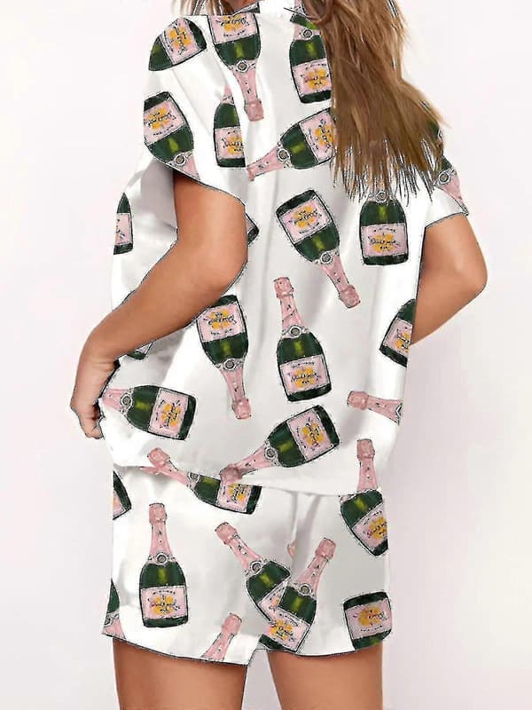 Champagneflaskor Pyjamas Set Dam Tryckt Kortärmad 2 Delar Mjuk Lös Casual Sovkläder Bekväma Hemkläder M M