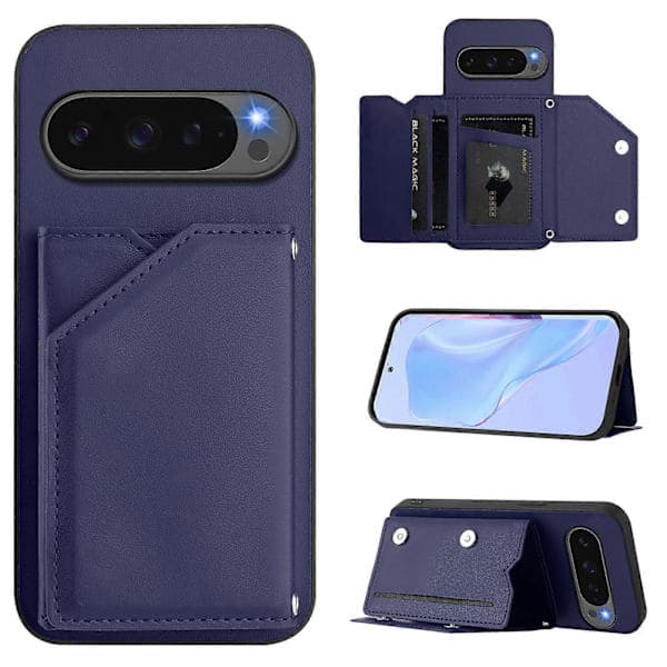 Etui til Google Pixel 10 Pro XL med kortholder, stativ og håndleddsrem - Hudvennlig telefonetui (blå)