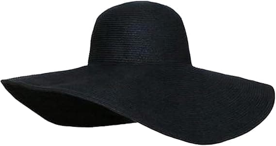 Damehat med bred skygge, stråsolhat, UPF 50, sommerhat, foldbar, strandhat, solhat, stråhat, sort