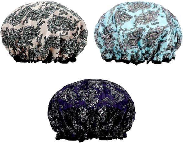 3-pack duschmössa med dubbla lager, vattentät elastisk badmössa för kvinnor, dusch, spa, salong, flerfärgad
