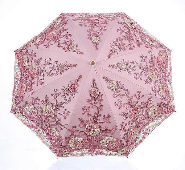 Sammenfoldelig UV Parasol Sne-/Regn-/Solskærm Broderi Bryllupsparaply Pink Pink