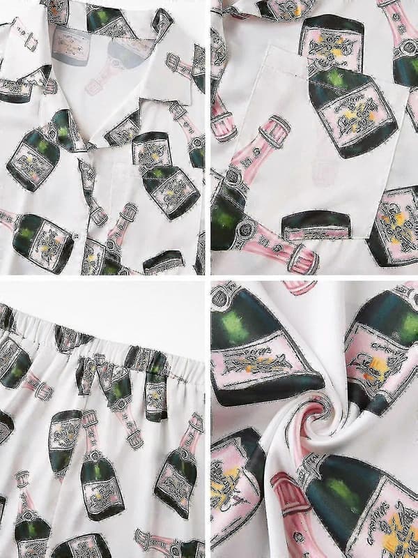 Champagneflaskor Pyjamas Set Dam Tryckt Kortärmad 2 Delar Mjuk Lös Casual Sovkläder Bekväma Hemkläder M M