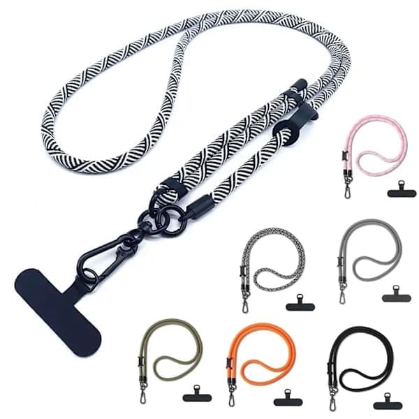 Justerbar længde mobiltelefon halsrem til iPhone 13 15 Pro 14 Max. UK Sort v sort hvid 10mm black white 10mm