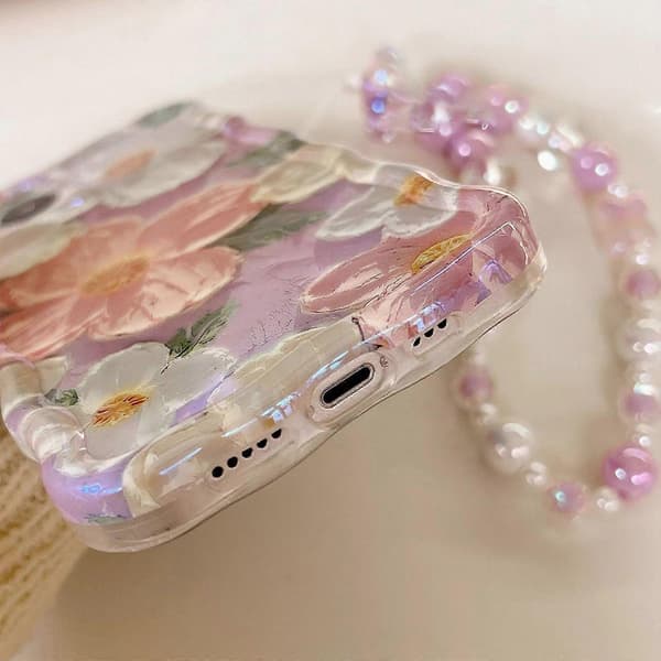 Glittrigt Retro Målat Blomfodral för iPhone 15 Pro med Pärlrem TPU Slim Skyddsskal