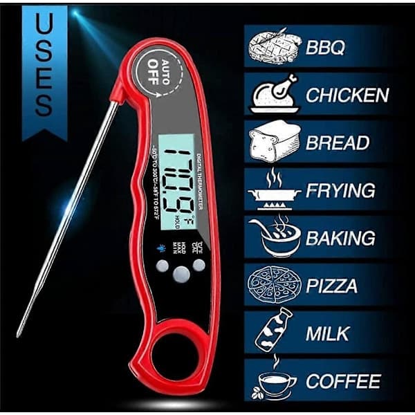 Sammenfoldeligt vandtæt grilltermometer, køkkengrilltermometer, kødtermometer, rød