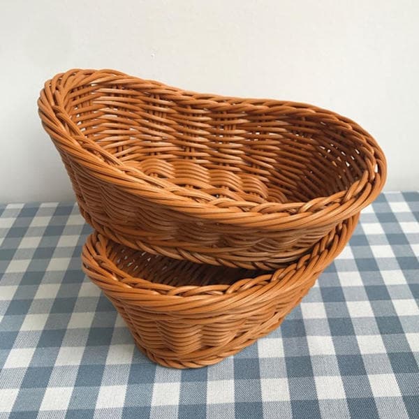 2 st imitation rotting flätade brödkorgar poly korg fruktkorgar för matservering display grönsaker hem kök restaurang utomhus brun L