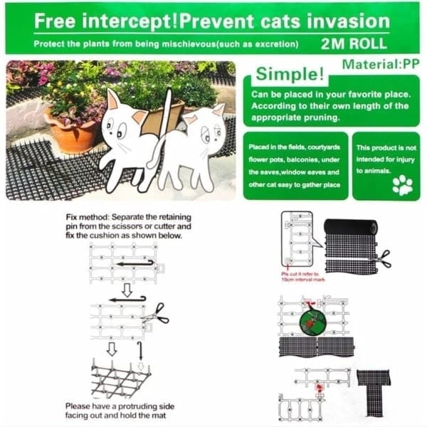 Anti-kat havemåtte med pigge 200*30cm, sort
