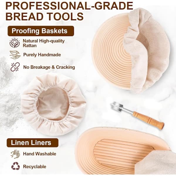 21-delt surdejsstarterkit – 2 hævekurve (25 cm oval & 23 cm rund) + 900 ml surdejsglas, komplet bagetilbehør til begyndere