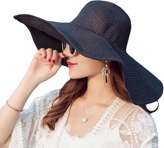 Damehat med bred skygge, stråsolhat, UPF 50, sommerhat, foldbar, strandhat, solhat, stråhat, sort
