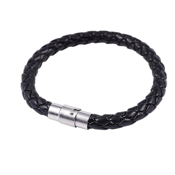Armbånd i rustfrit stål og læder, flettet læderarmbånd, unisex, sort - Bredde 6 mm - Længde