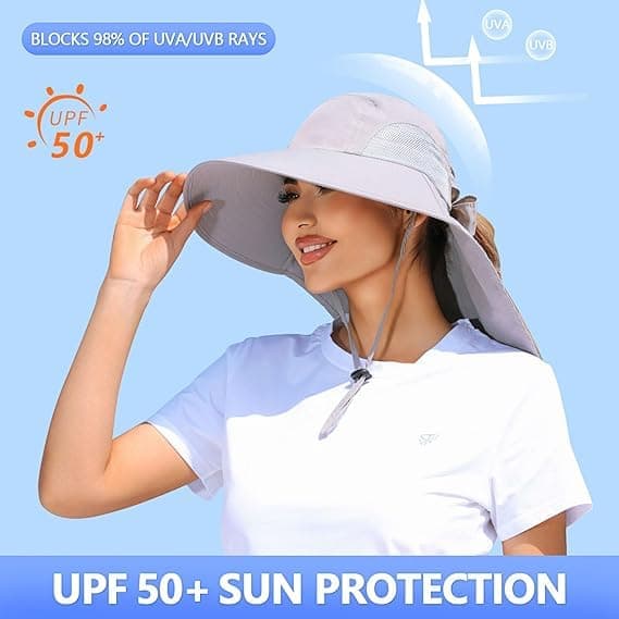 Dame solhat UV-beskyttelse bredskygget fiskehat med hestehalehul halsbeskyttelse Sort Black