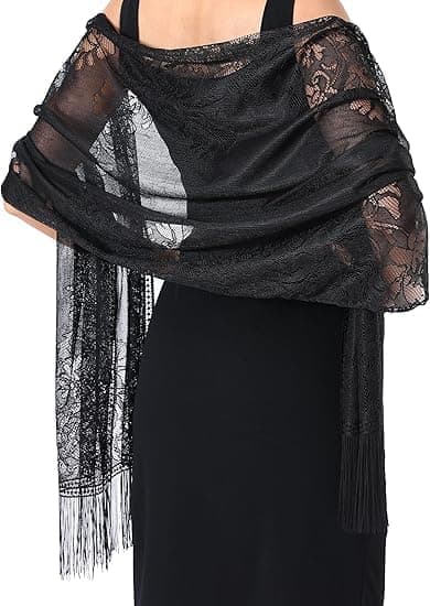 Kvinders blomstrede blondecardigans, sjal og wrap til aftenkjole, frynset blonde-pashmina-sjal til bryllupskostumefest, sort
