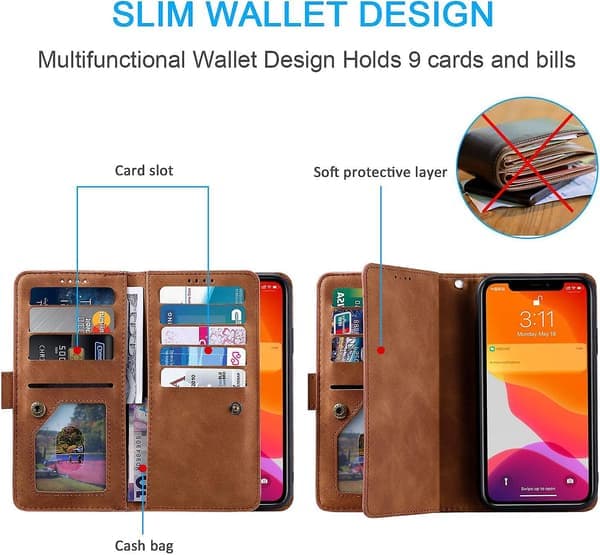 Wallet Case til iPhone SE 2022 5G/iPhone 7/iPhone 8/iPhone SE 2020, 9 Kort Holder Rum Lynlås Pung Case PU Læder Case - Brun