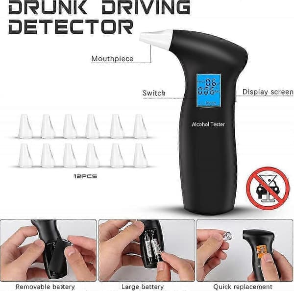 Alkometer, præcist alkometer til politiet, professionelt alkometer med 12 mundstykker og LCD-display