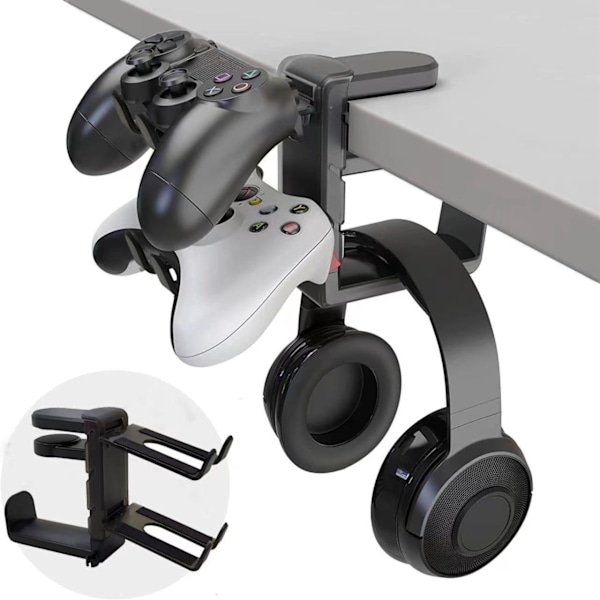 Controller Holder, 3 i 1 PC Gaming Headset og Controller Holder med Justerbar Klips og 2 Controller Holdere black