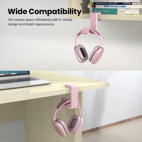 Hörlurskrokhållare för PC Gaming Headset, Hörlursställ med justerbar och vridbar armklämma, Universal Fit, Inbyggd kabelklämma Organizer+S pink