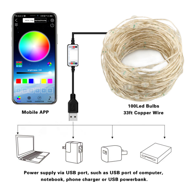 USB Bluetooth String Light Mobiltelefon APP Kontrol Kobbertråd String Light Julepynt