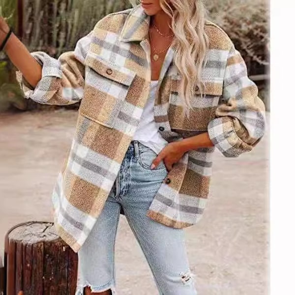 Dame Casual Plaid Flannel Kortærmet Jakke, Oversized Knapløs Langærmet Efterårsskjortejakke Frakke Toppe blue L