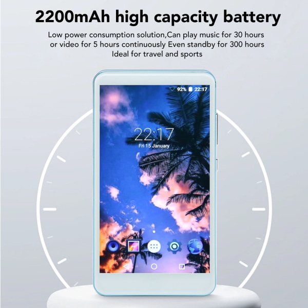 Bluetooth MP4-spiller 5-tommers HD-berøringsskjerm HiFi-støyreduksjon Bærbar WiFi-musikkspiller med kamera for Android Blå