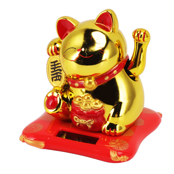 Soldriven Viftande Katt Rikedom Välkomnande Solar Söt Glad Lucky Cat Fortune Cat Staty Ornament för hem Bilinredning Välsignelseväska Guld