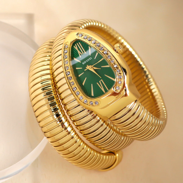 BIFANXI slangeklokke, armbåndsklokke for kvinner, kreativ kvartsklokke+S Gold, green dial