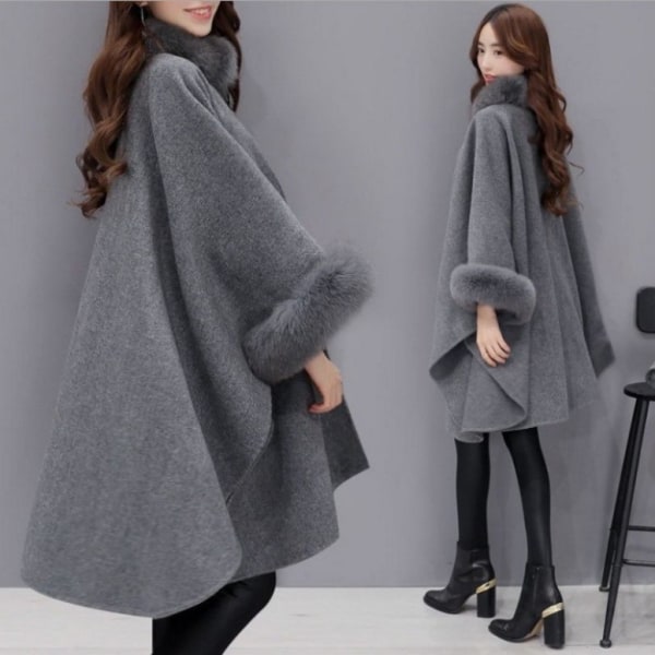 Dame Vinterfleece Hår Ponchos Højhalset Løs Elegant Frakke Outcoat Lag Ensfarvet Tykkere Langærmede grey L