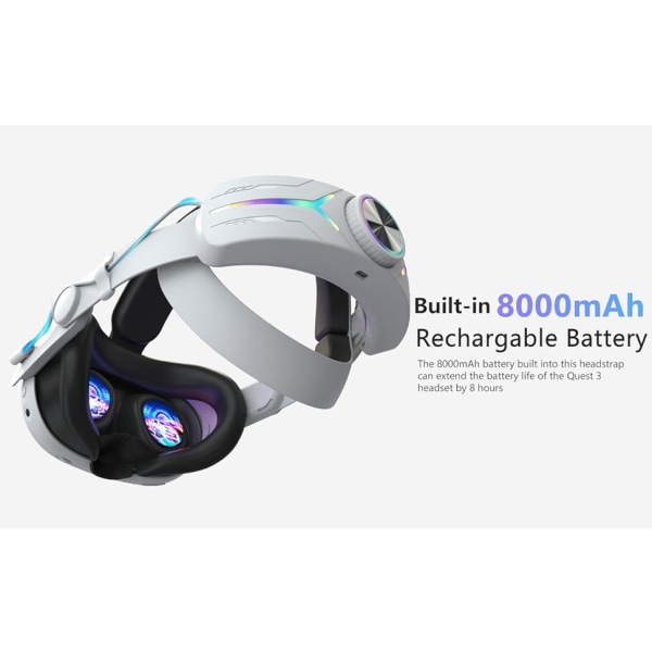 RGB hodebånd for Meta Quest 3, MTomatoVR erstatningshodebånd innebygd 8000mAh batteripakke, 18W hurtiglading, VR-tilbehør Black and White