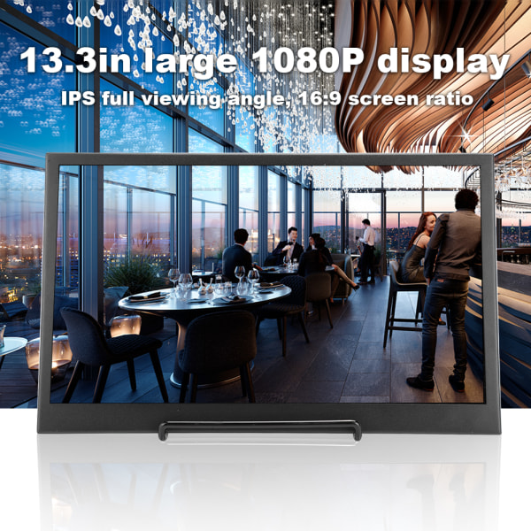 13,3 tommer 1080P 1920 x 1080 IPS HDR ultratynn bærbar skjerm TYPE c HDMI dobbel inngang 100-240V(UK)