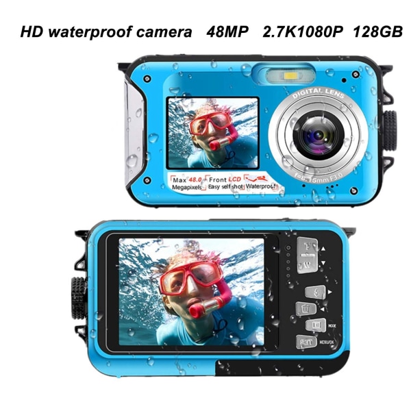 Fuld HD 2.7K 48MP 10ft vandtæt undervands digitalkamera 16X digital zoom Front Bagpå Dobbeltskærme Vandtæt digitalkamera Blå