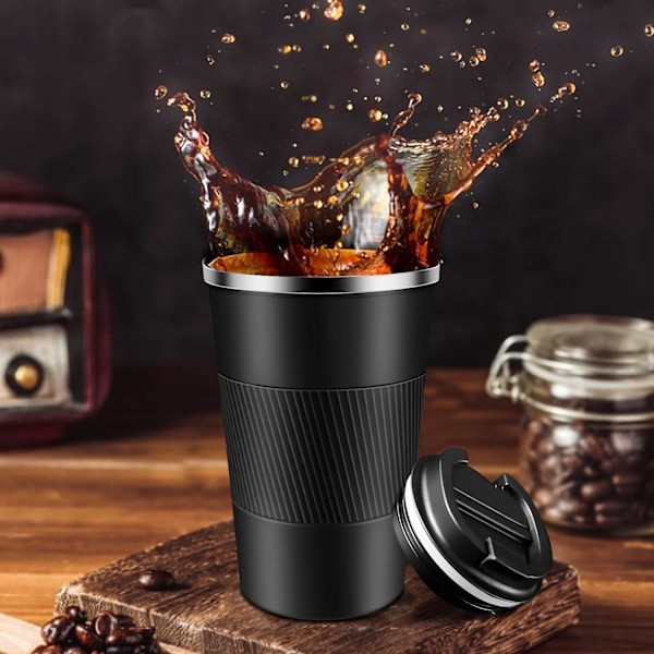 Rejsekaffekop, holder isen kold eller varm, dobbeltvægget isoleret kaffekop, drikkekop, rustfrit stål med låg, 2 kapaciteter black 17 oz-510ml