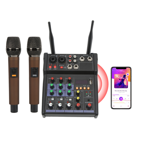 4-kanals lille Bluetooth stereomixer med 2 trådløse mikrofoner familie stereoprocessor til livestreaming