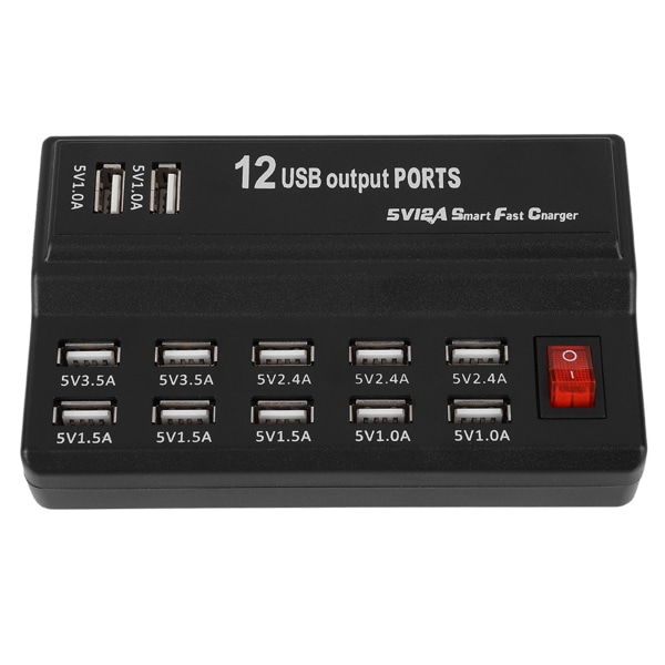 12 Portar USB Hub 5V 12A Power Laddningsstation Adapter Laddare Hem Resa USA Typ