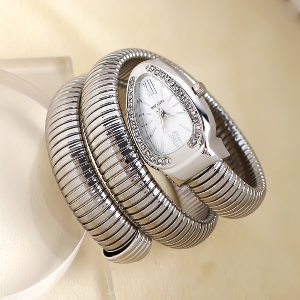 BIFANXI slangeklokke, motearmbåndsklokke for kvinner, kreativ kvartsklokke silver, white dial