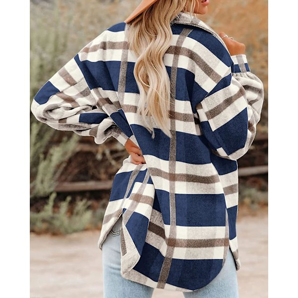 Dame Casual Plaid Flannel Kortærmet Jakke, Oversized Knapløs Langærmet Efterårsskjortejakke Frakke Toppe blue XL