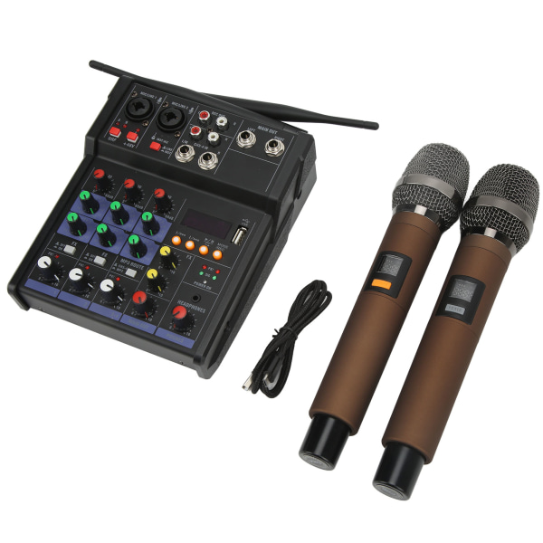 4-kanals Liten Bluetooth Stereo Mixer med 2 trådlösa mikrofoner Familj Stereo Processor för Live Streaming