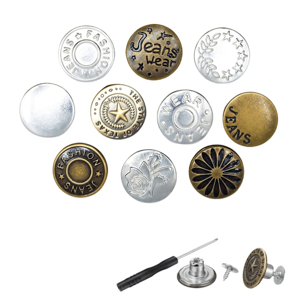 10-pack jeans buttons,   jeans button repair kit with screwdriver and threaded rivets, mixed bronze and silver Silver + Copper