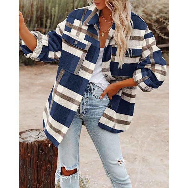 Dame Casual Plaid Flannel Kortærmet Jakke, Oversized Knapløs Langærmet Efterårsskjortejakke Frakke Toppe blue L