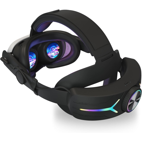 RGB hodebånd for Meta Quest 3, MTomatoVR erstatningshodebånd innebygd 8000mAh batteripakke, 18W hurtiglading, VR-tilbehør pure black